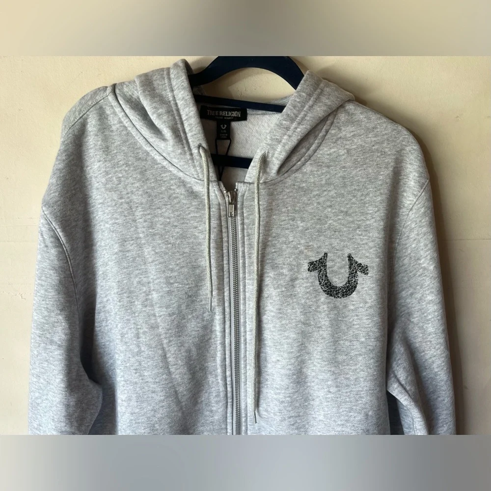 New Mens True Religion L Hooded Sweatshirt Gray Hoodie Zip‎ Up Jacket